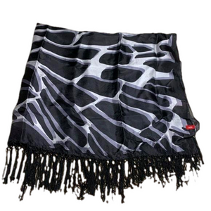 EDC black, white and grey fringed silk scarf